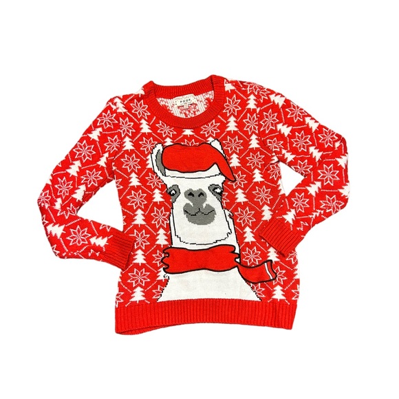 POOF Llama! Merry Ugly Christmas! Red & White Graphic Ugly Llama Sweater- Small - Picture 2 of 11
